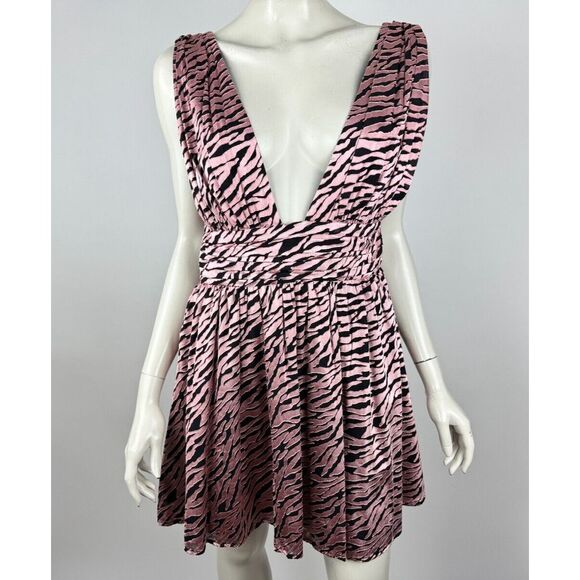 NBD Black Pink Zebra Mini Dress Women‎ L NWT Deep V-neck Short Lined Sleeveless